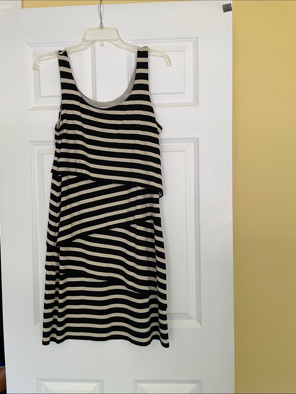 LOFT Black and Cream Striped Sleeveless Midi Dress